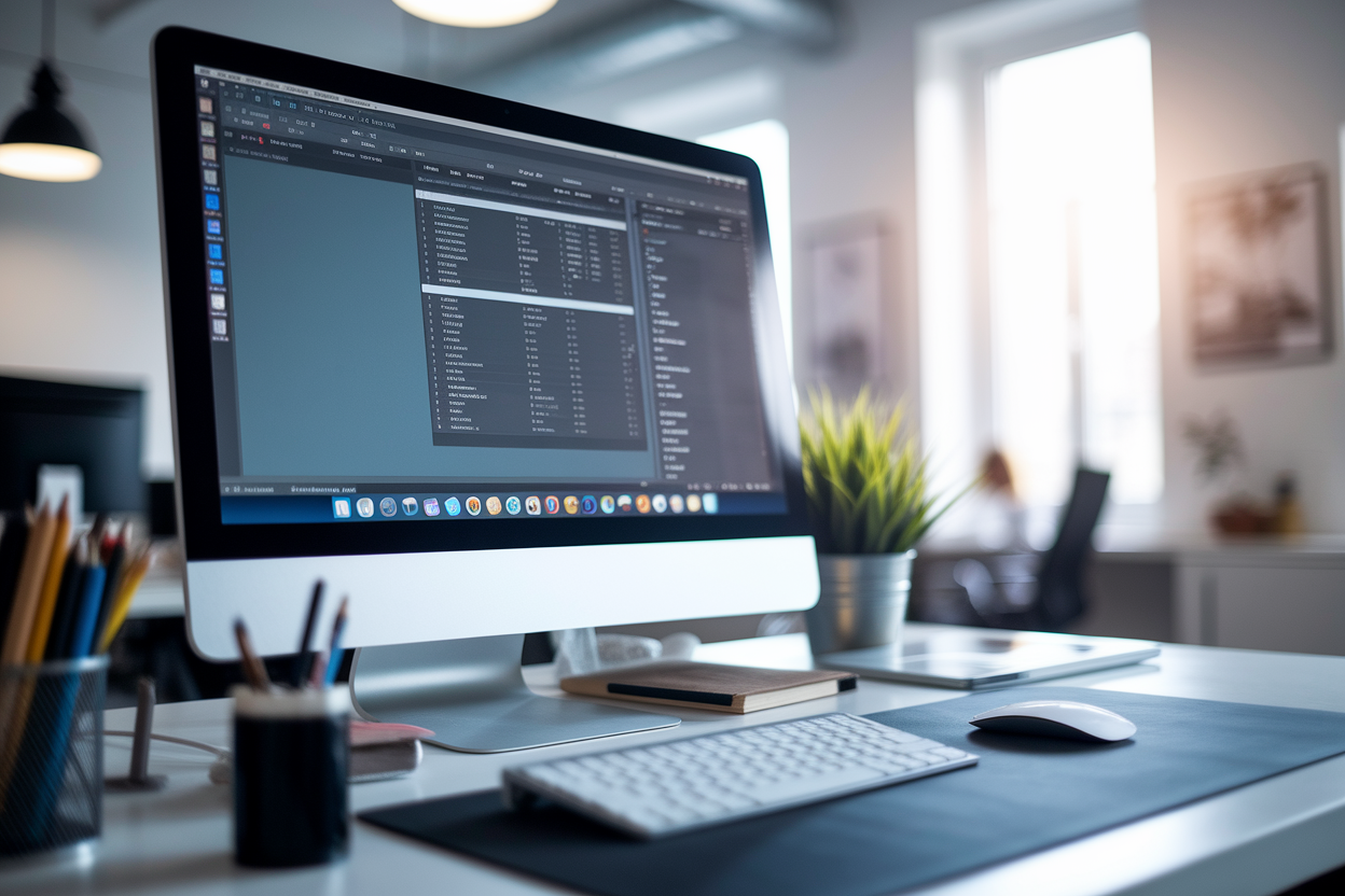 ecran-interface-floue-bureau-plante