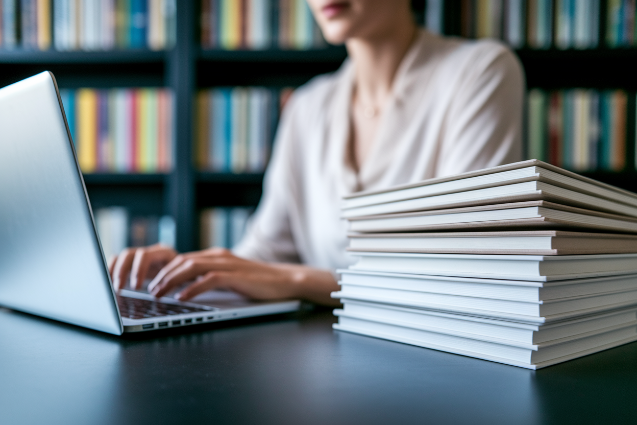 ecrivain-bureau-ordinateur-manuscrits-etageres
