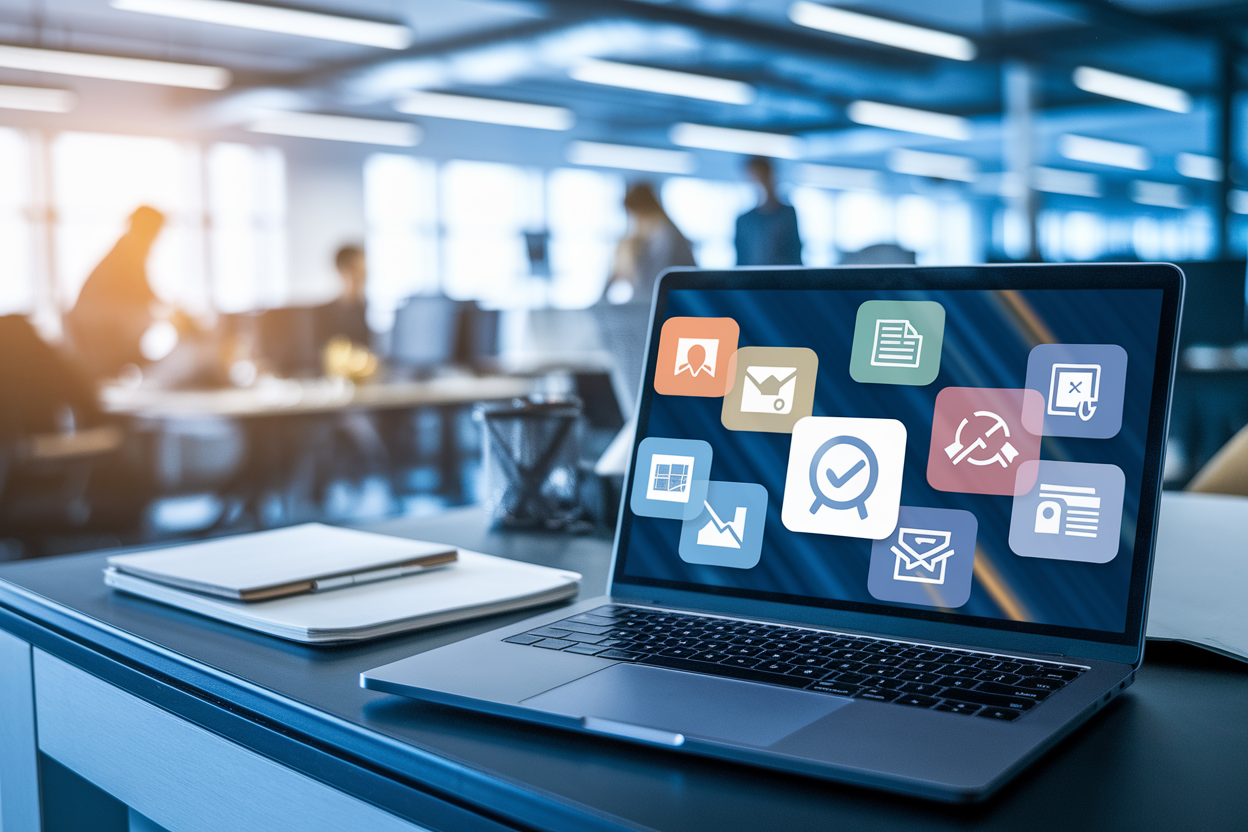 ordinateur-portable-ecran-icones-floues-bureau